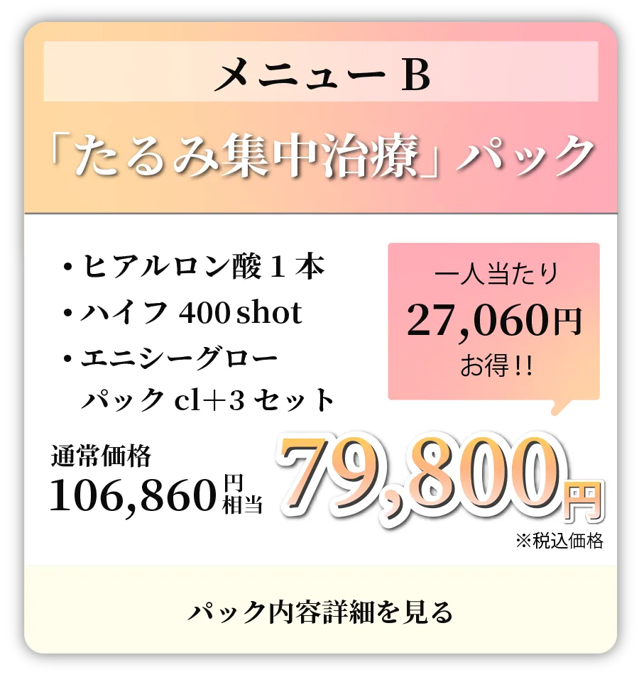 【メニューB】「たるみ集中治療」パック：・ヒアルロン酸1本・ハイフ400shot・エニシーグローパックcl+3セット 通常価格106,860円相当が79,800円(税込)